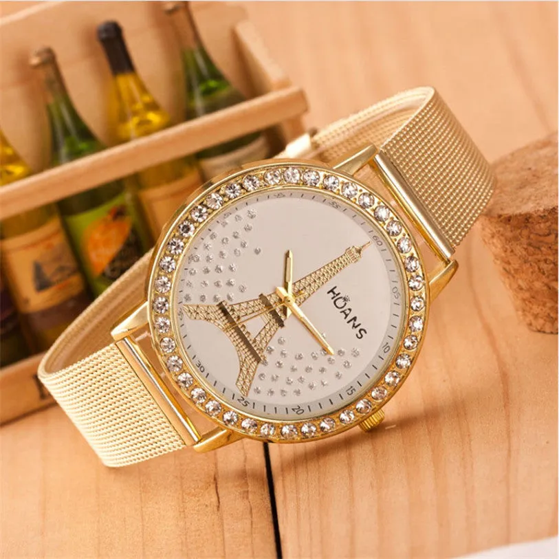 Superior Ladies Crystal Tower Gold Stainless Steel Mesh Band Wrist Watch