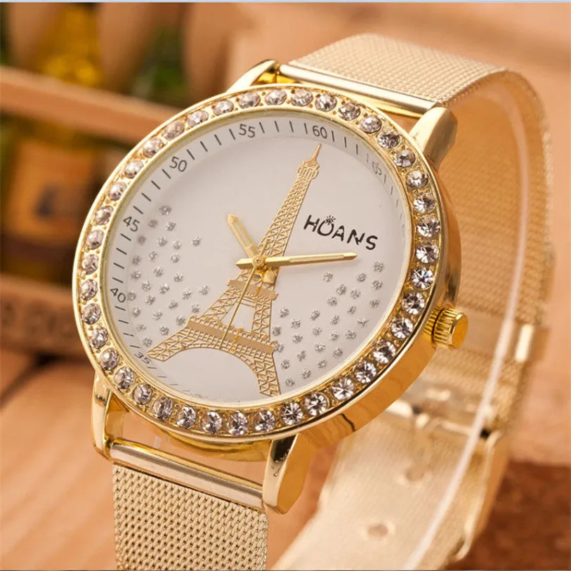 Superior Ladies Crystal Tower Gold Stainless Steel Mesh Band Wrist Watch