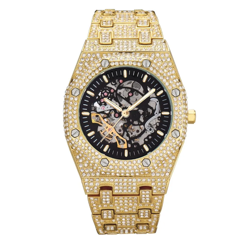 TOPGRILLZ Mechanical Luxury Rhinestones Watches White Gold Shine Mens Watches Stainless Steel Watch Quality Business Watch