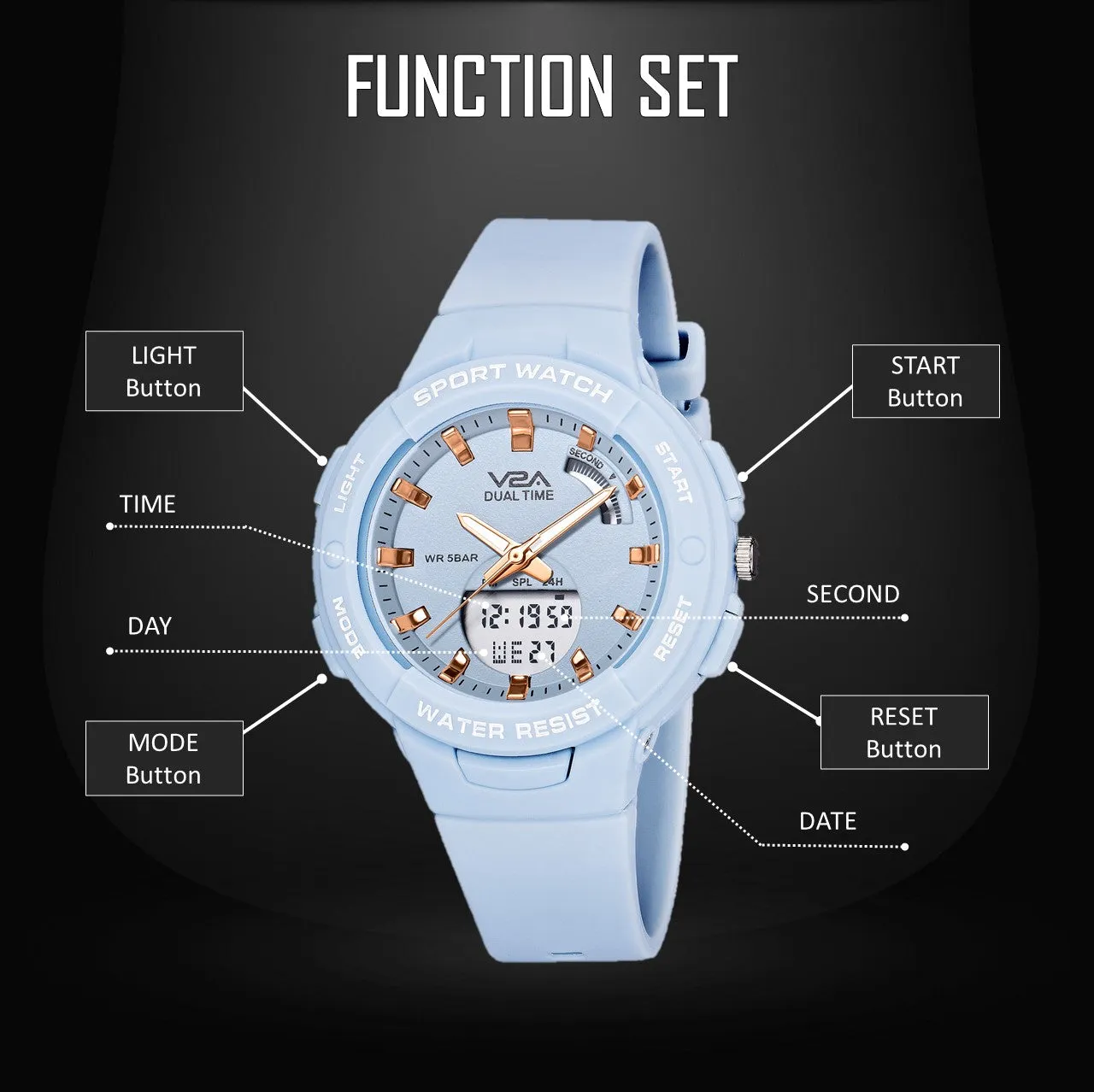 V2A Analog Digital Waterproof Fashion Sports Watch  for Women and Girls (Light Blue)