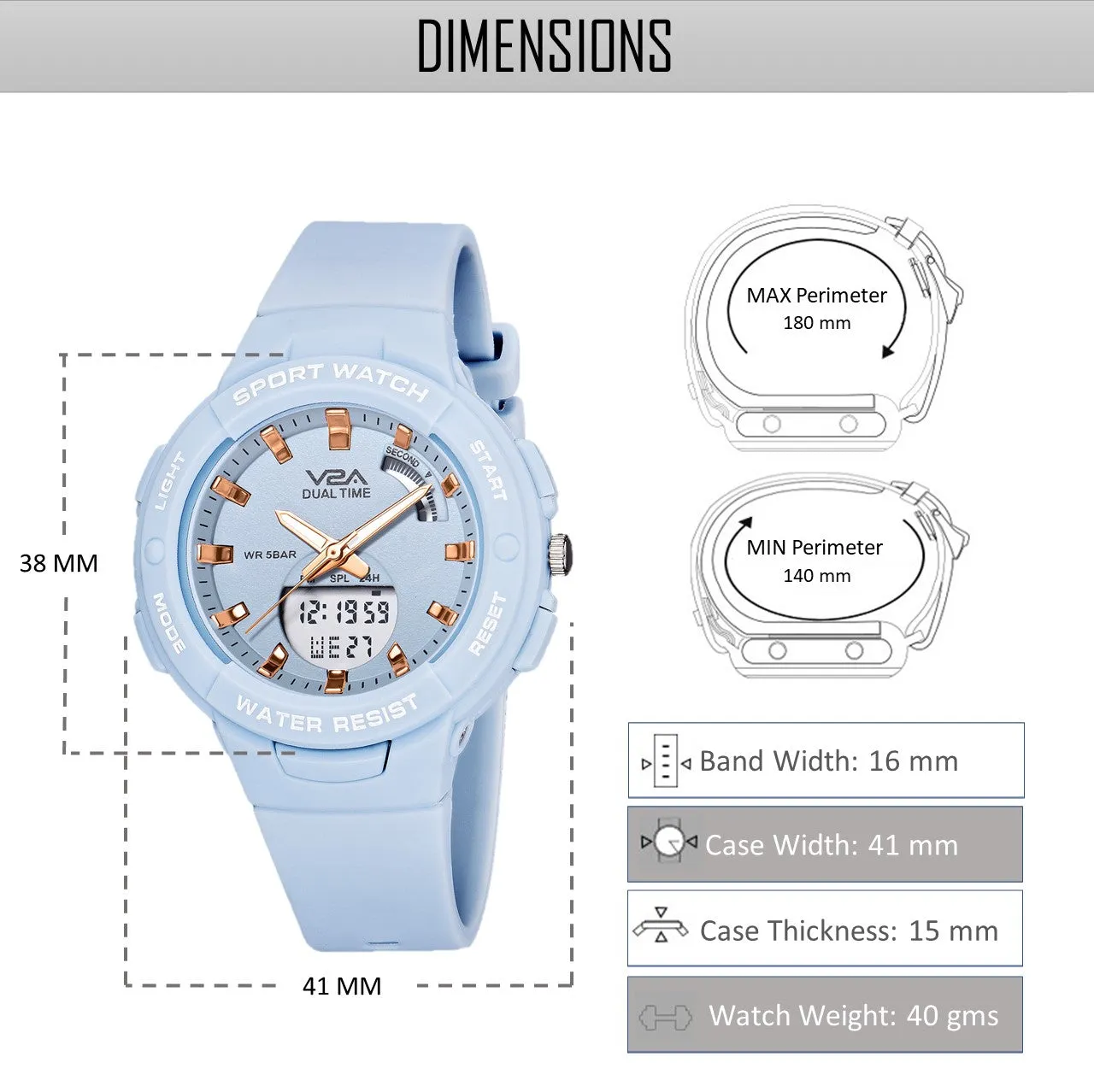 V2A Analog Digital Waterproof Fashion Sports Watch  for Women and Girls (Light Blue)