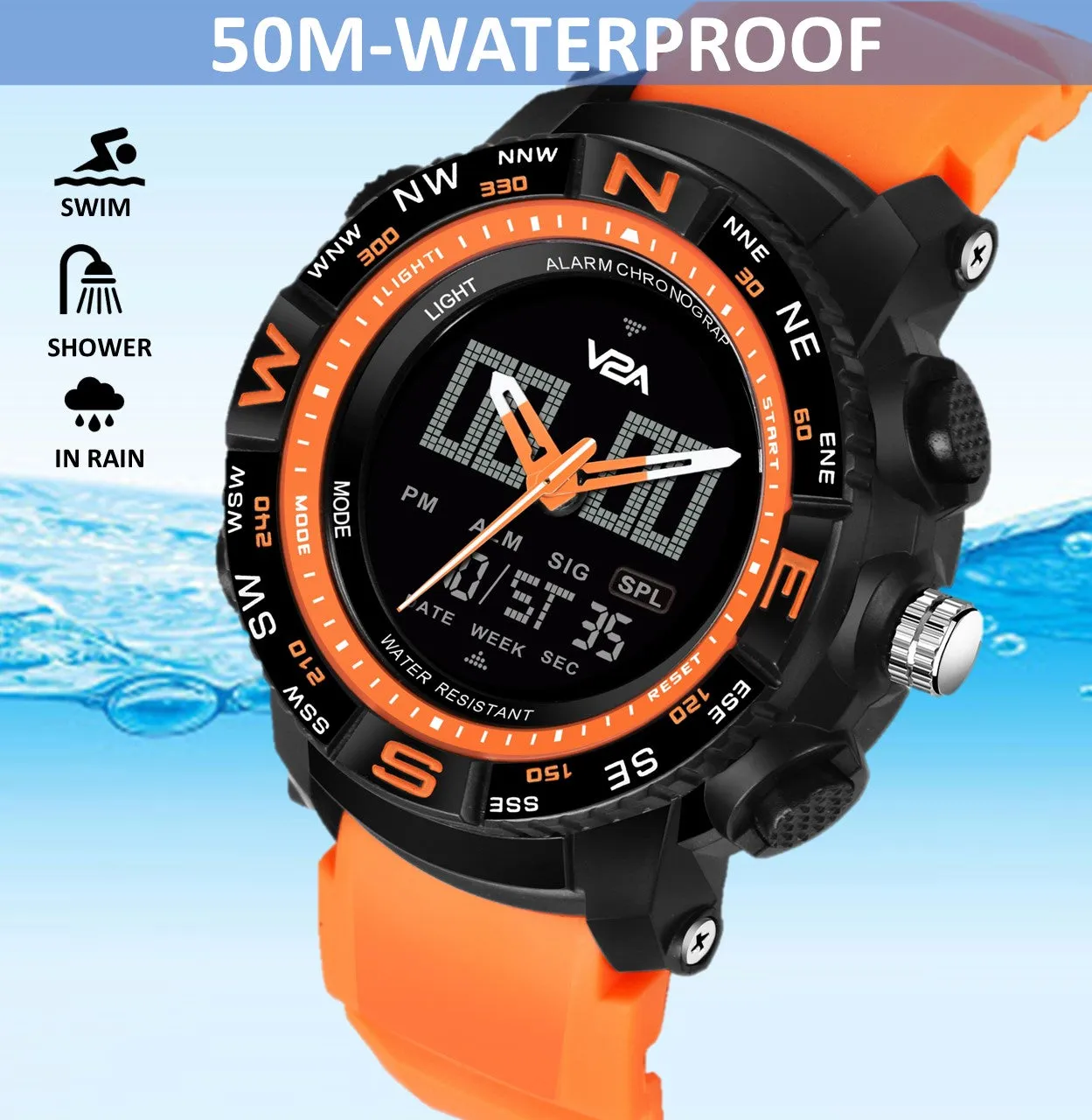 V2A Military Analog Digital 5ATM Waterproof Sports Watch with Backlight Alarm Snooze Stopwatch for Men (Black Dial with Orange Strap)