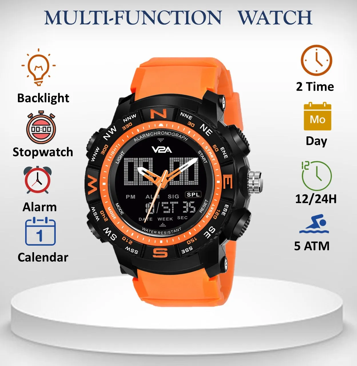 V2A Military Analog Digital 5ATM Waterproof Sports Watch with Backlight Alarm Snooze Stopwatch for Men (Black Dial with Orange Strap)