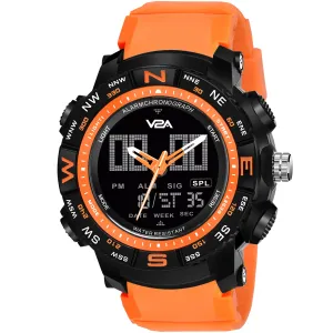 V2A Military Analog Digital 5ATM Waterproof Sports Watch with Backlight Alarm Snooze Stopwatch for Men (Black Dial with Orange Strap)