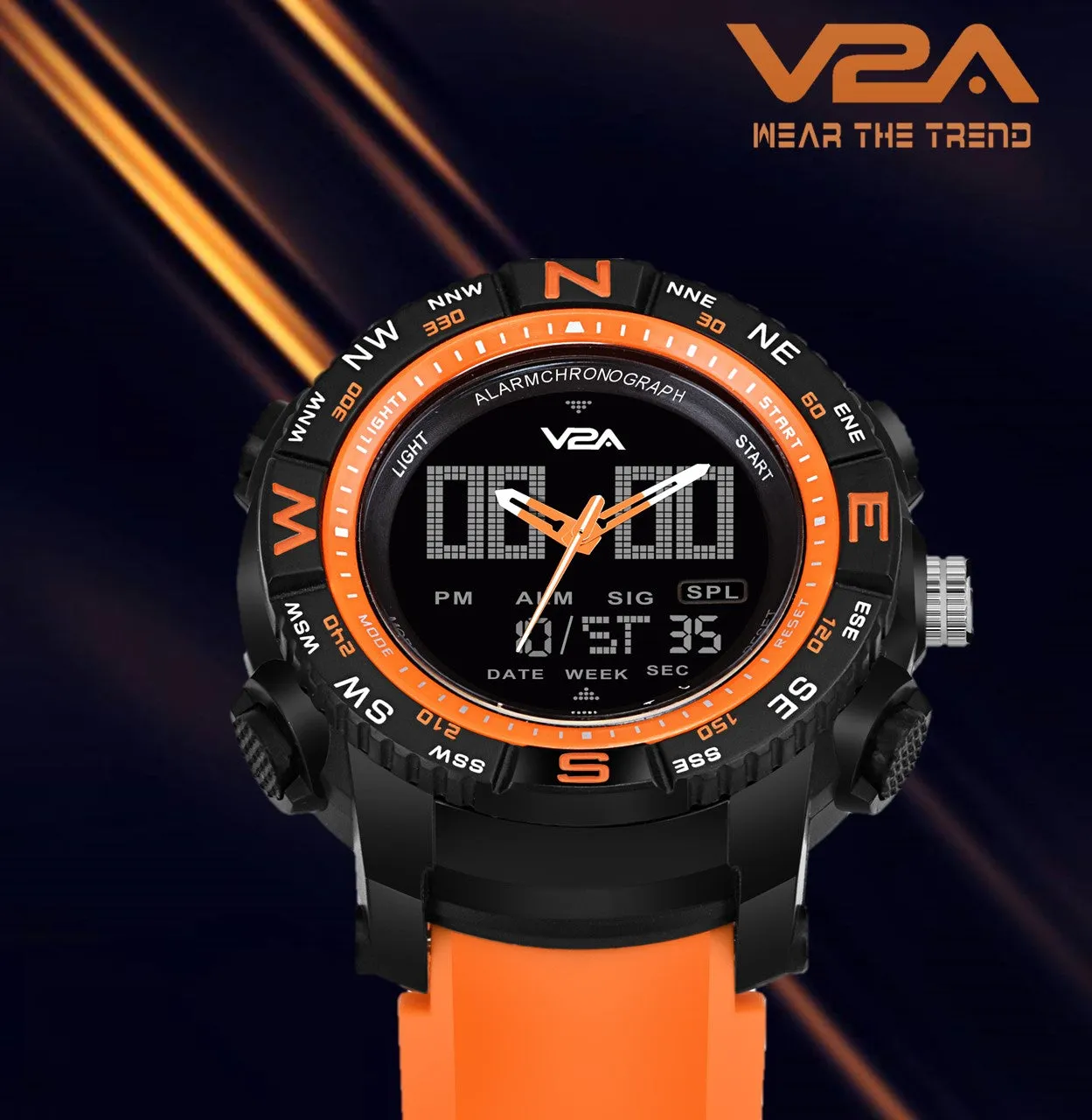 V2A Military Analog Digital 5ATM Waterproof Sports Watch with Backlight Alarm Snooze Stopwatch for Men (Black Dial with Orange Strap)