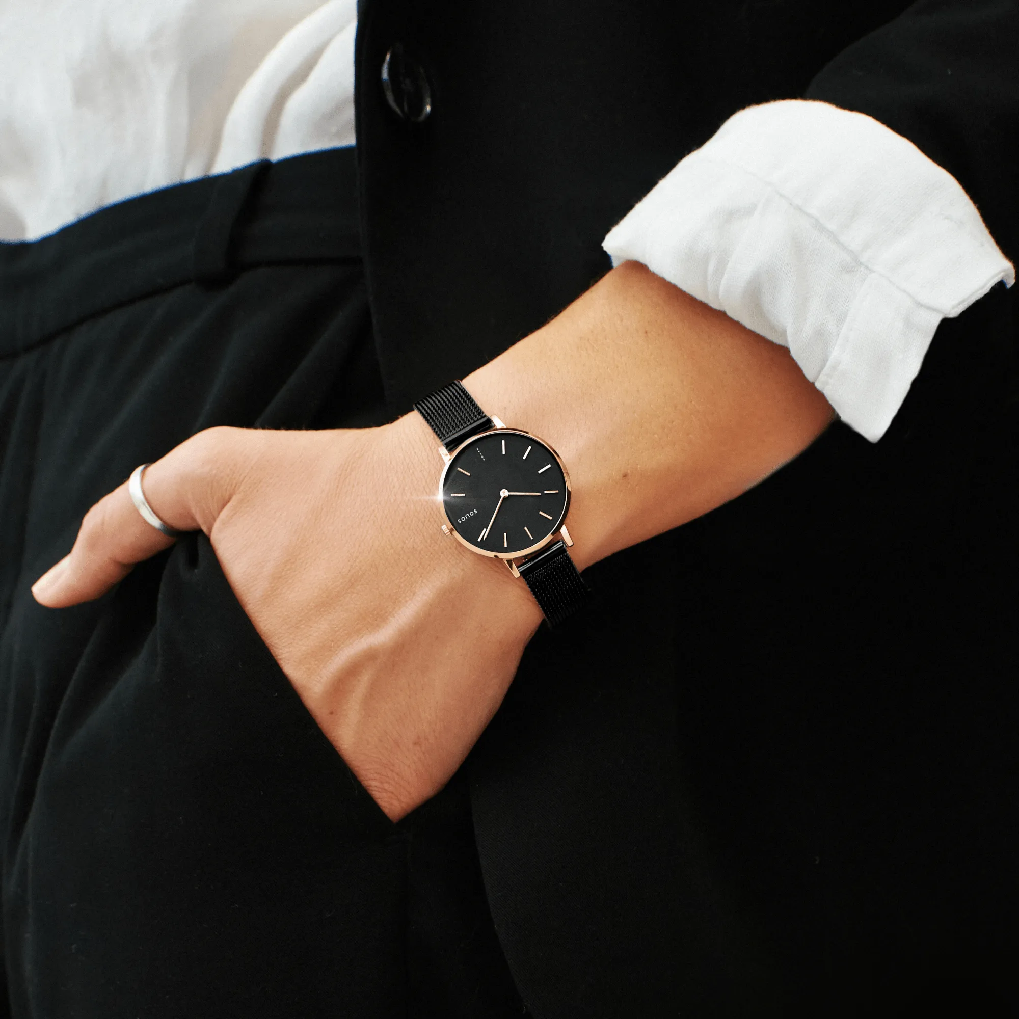 Watch Set - Solar Classic & Mini | Black Dial - Rose Gold Case | Black Mesh