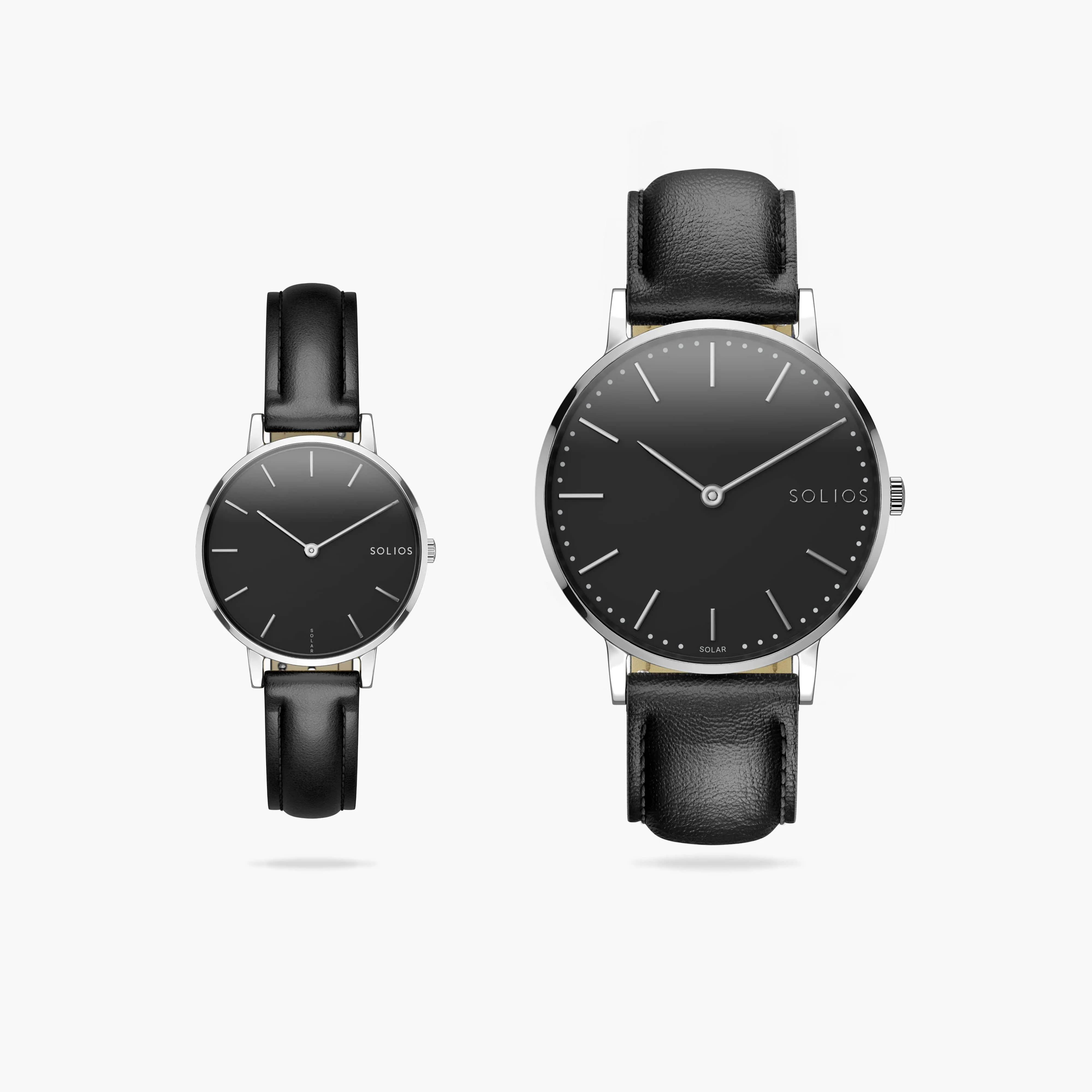 Watch Set - Solar Classic & Mini | Black Dial - Silver Case | Black Vegan Leather